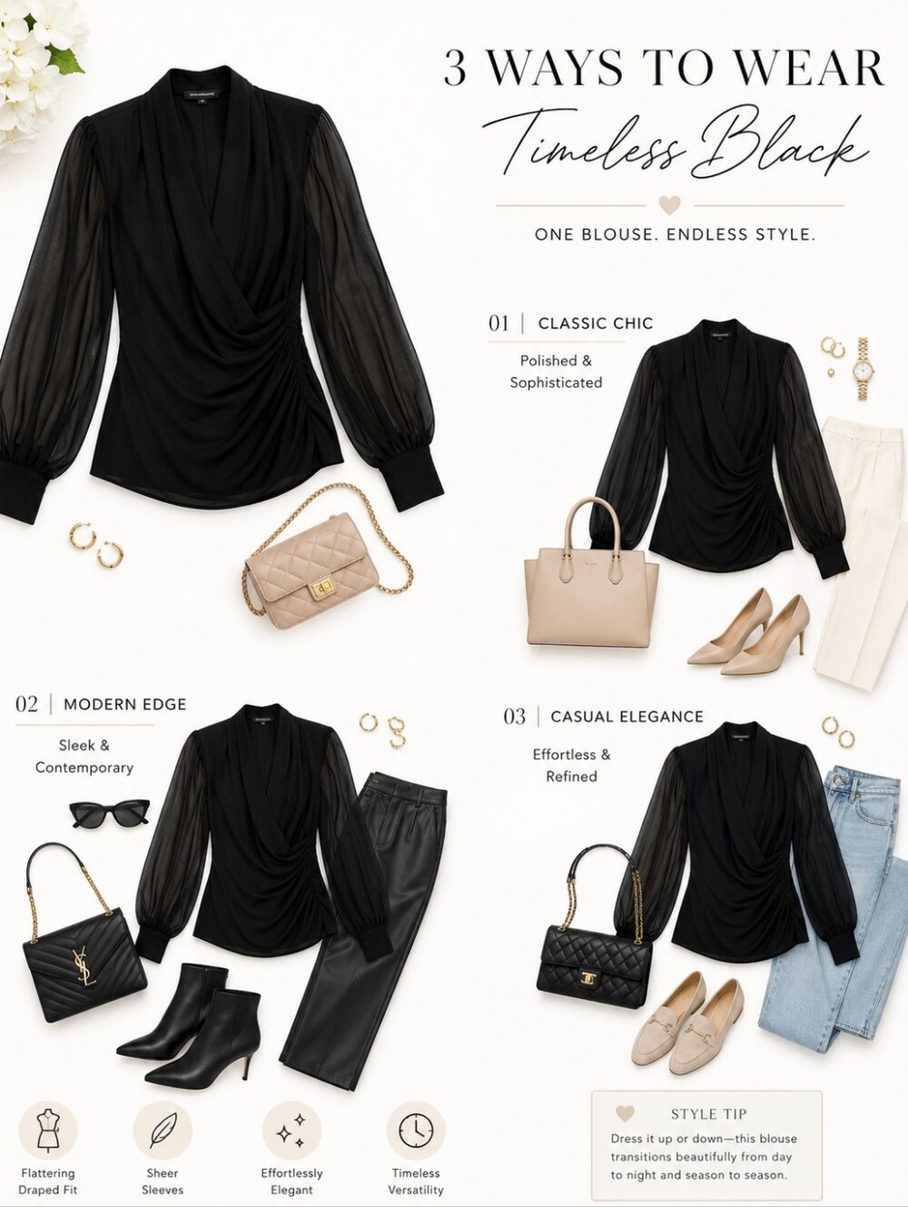 Vince Camuto | Black Draped Blouse | Size M | Sheer Long Sleeve Elegant Top - Picture 3 of 8